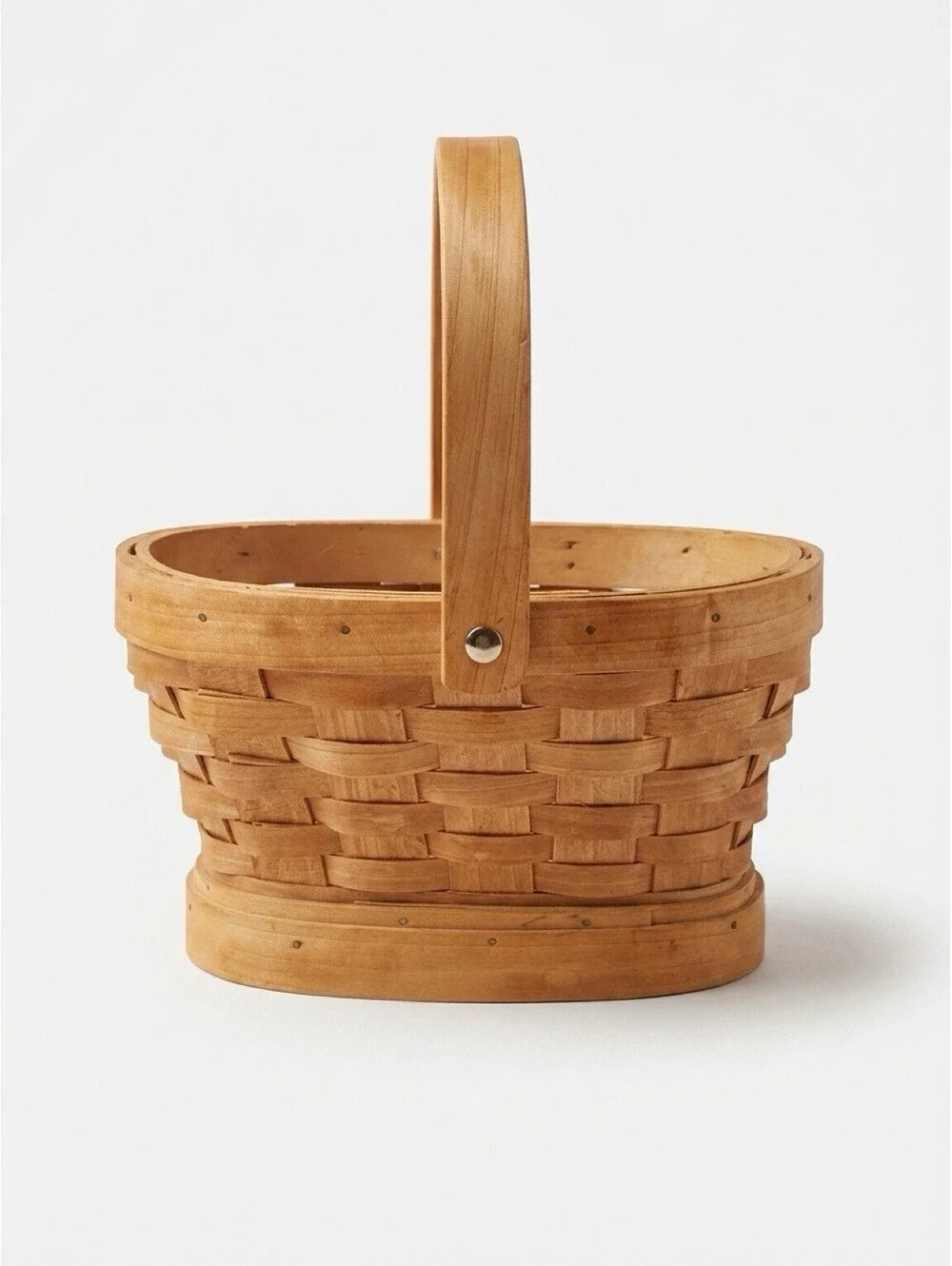 Vintage Small Oval Woven Wood Basket Swing Handle Primitive Farmhouse Decor 7